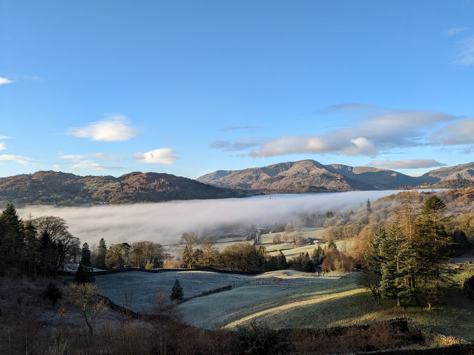 Cloud inversion and frost on the ground, beautiful off season lake district scene, Langdale Valley